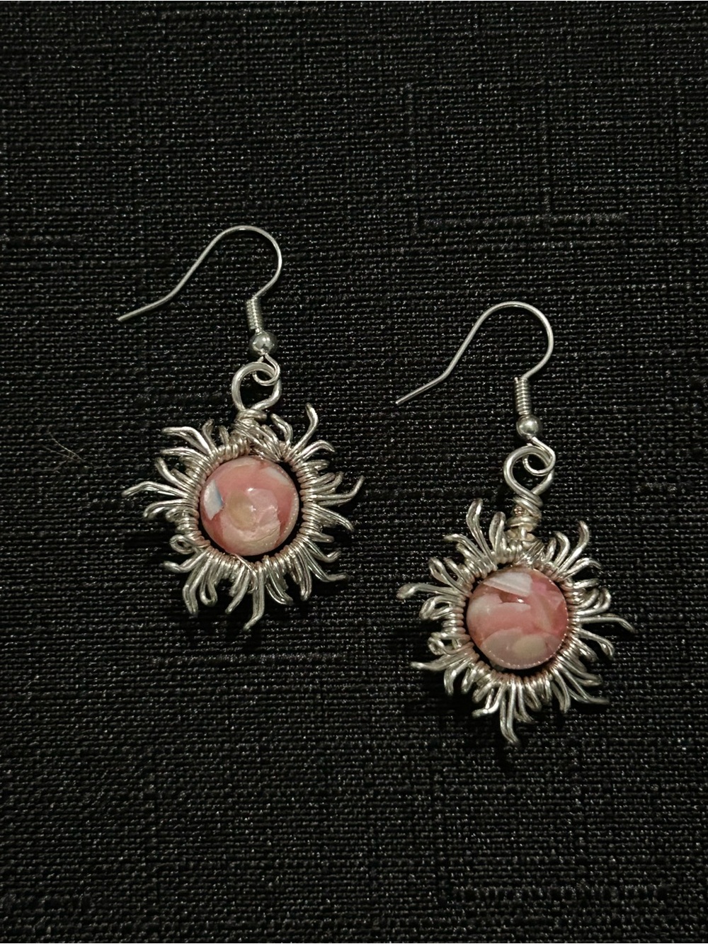 Hand Crafted Silver Sunburst Earrings with Pink Center